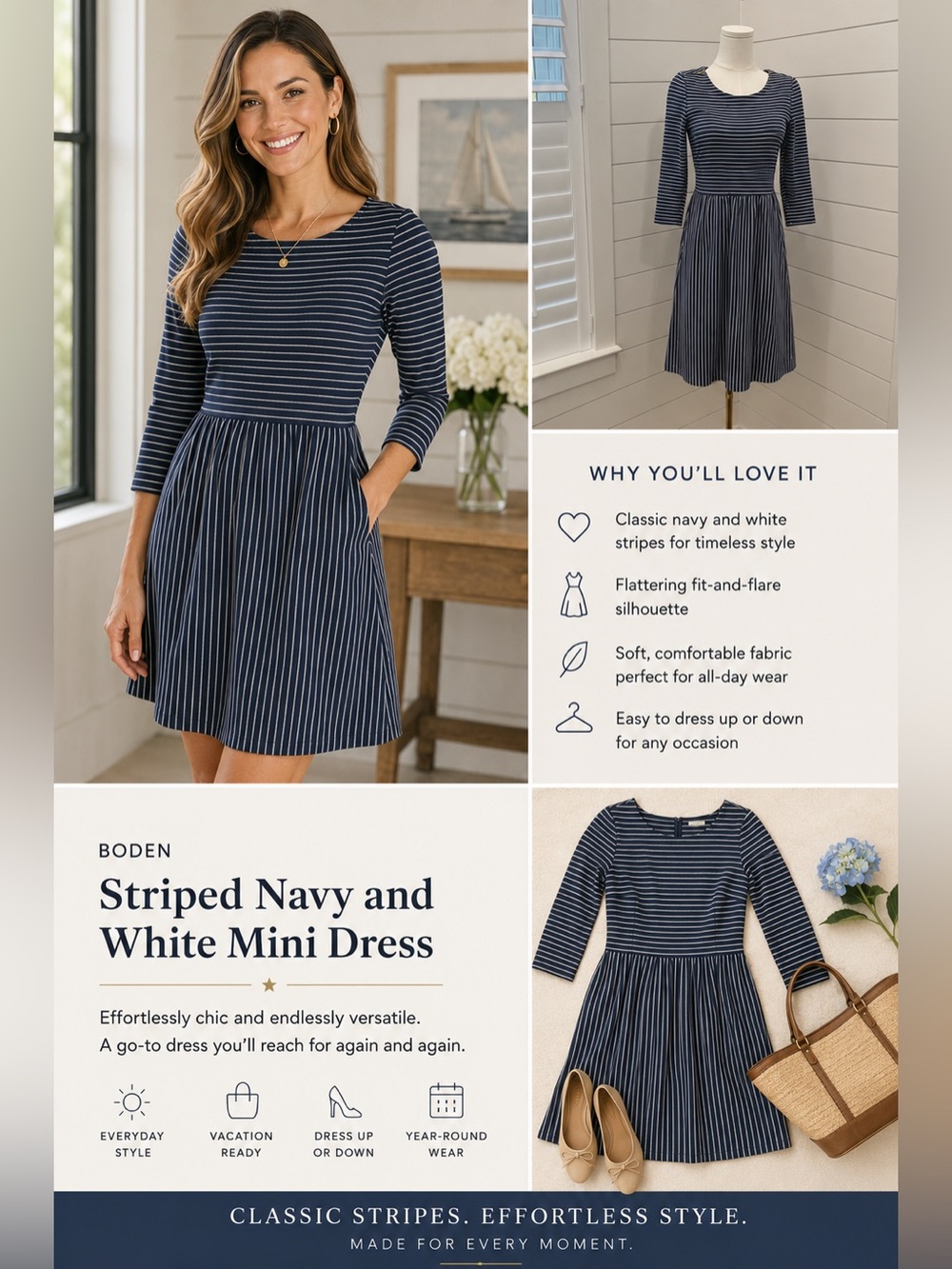 Boden Striped Navy and White Mini Dress